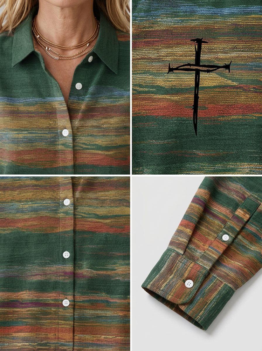 Women's Autumn Faith Cross Striped Printed Button-up Shirt