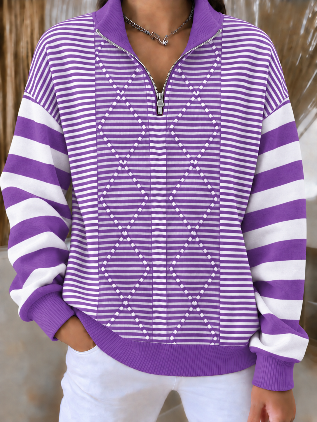 Women'S Casual Striped Zipper Top