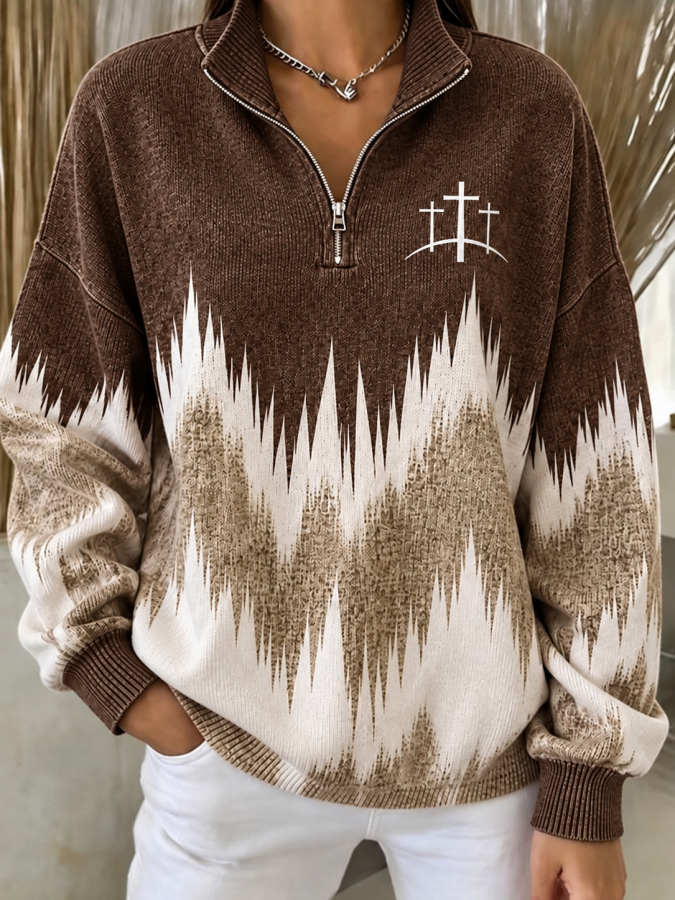Women'S Geometric Stand-Up Collar Casual Long-Sleeved Sweatshirt For Spring And Autumn