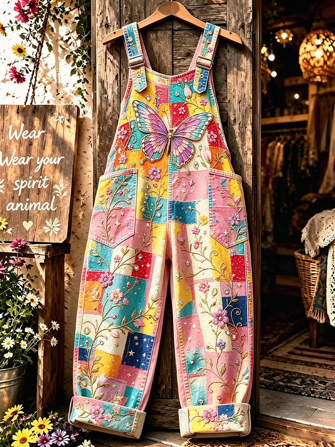 Women's Butterfly Print Faux-Denim Jumpsuit