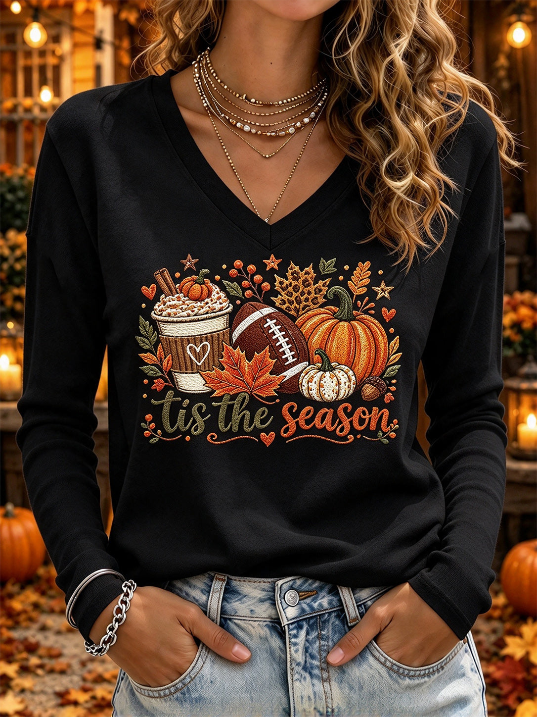 Women'S Casual Long Sleeved V-Neck T-Shirt