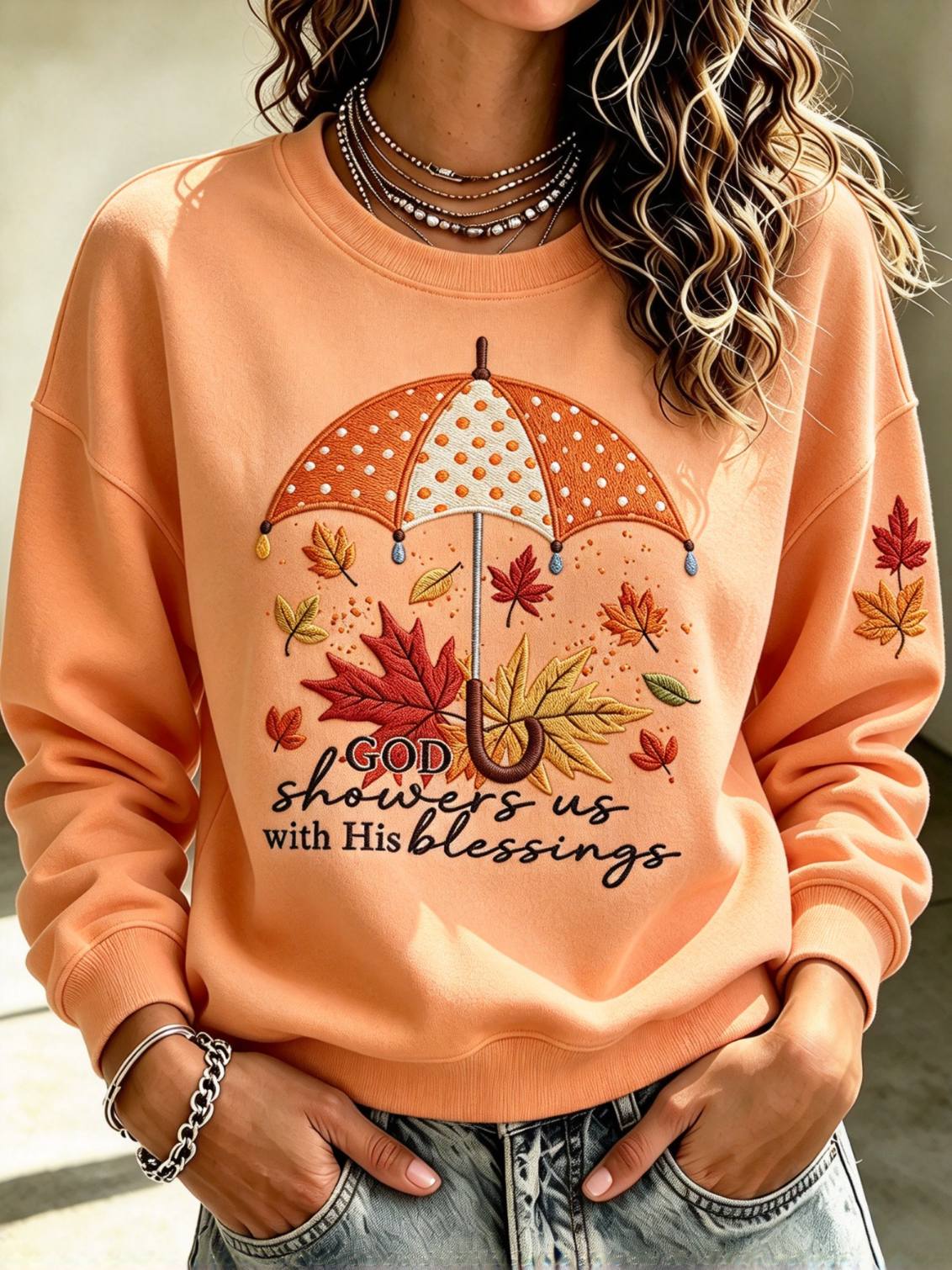 Women God Showers Us With His Blessings Maple Leaf Umbrella Sweatshirt