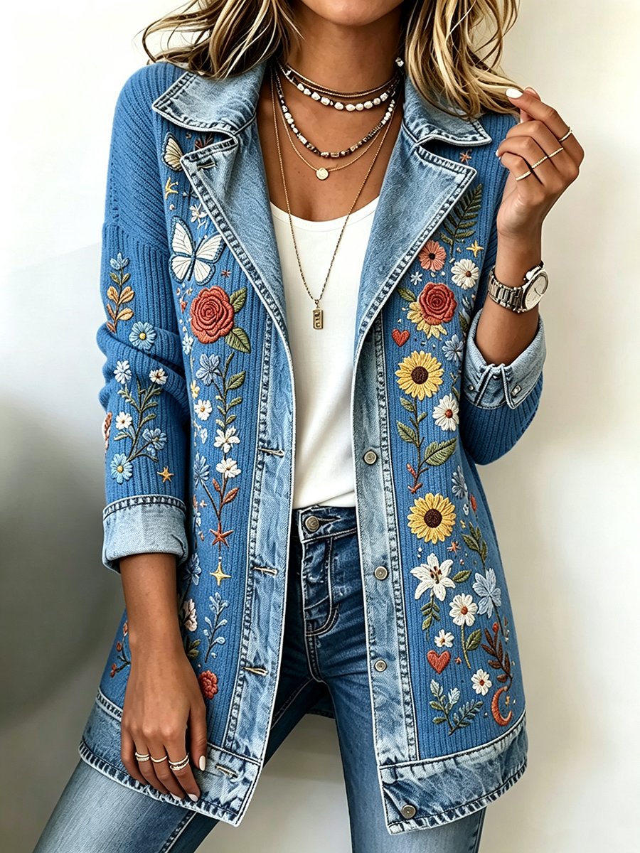Women's Patchwork Art Denim Collar Jacket