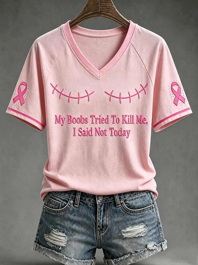 Women'S Casual Retro Breast Cancer Print T-Shirt