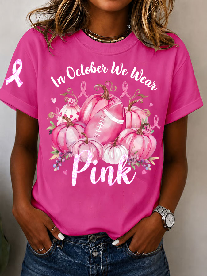 Women's In October We Wear Pink Printed Casual T-Shirt