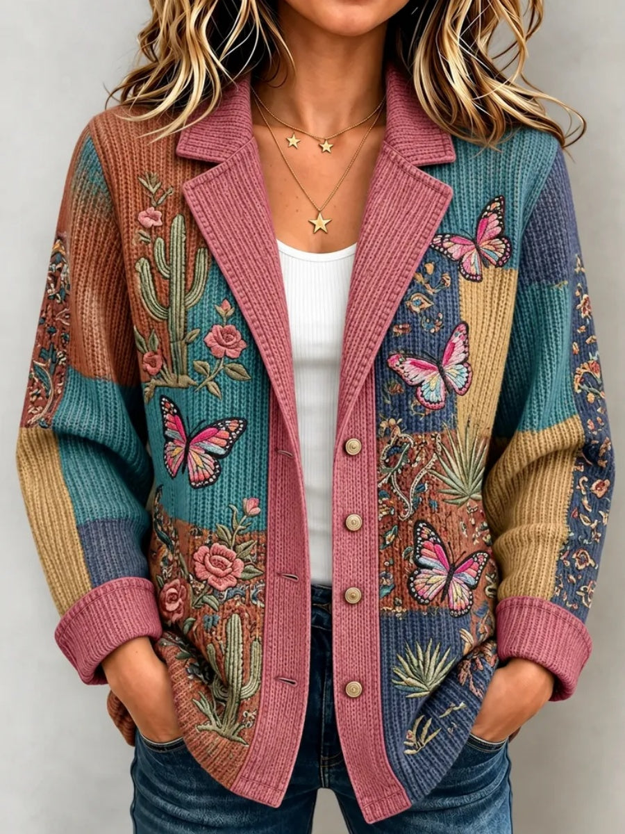 Women's Butterfly & Floral Patchwork Knitted Cardigan