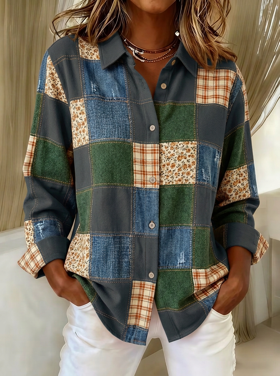Women's Autumn Aesthetic Patchwork Floral Plaid Printed Shirt