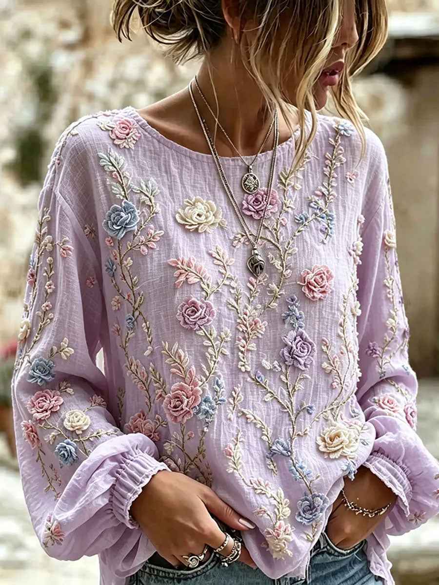 Women'S Cotton Linen Flower Long Sleeved Shirt