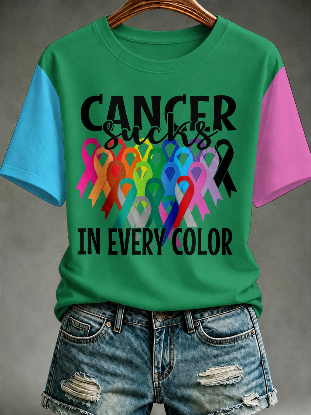 Women All Cancer Ribbons Awareness T-Shirt Cancer Sucks Print