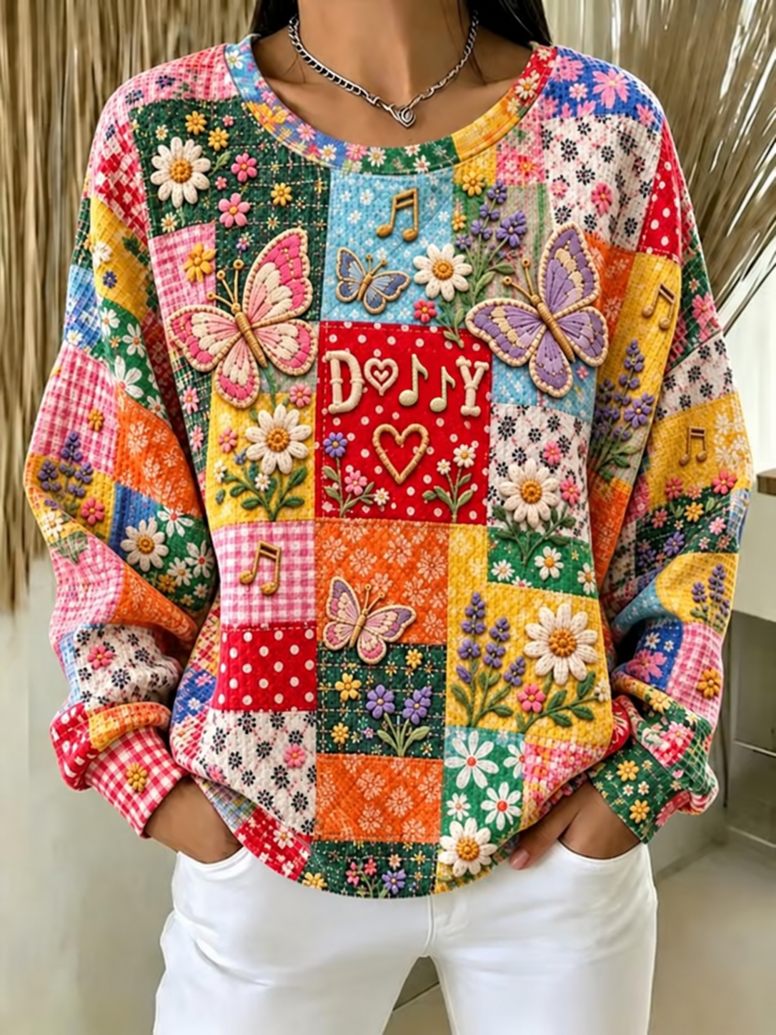 Women'S Casual Printed Waffle Long-Sleeve Top