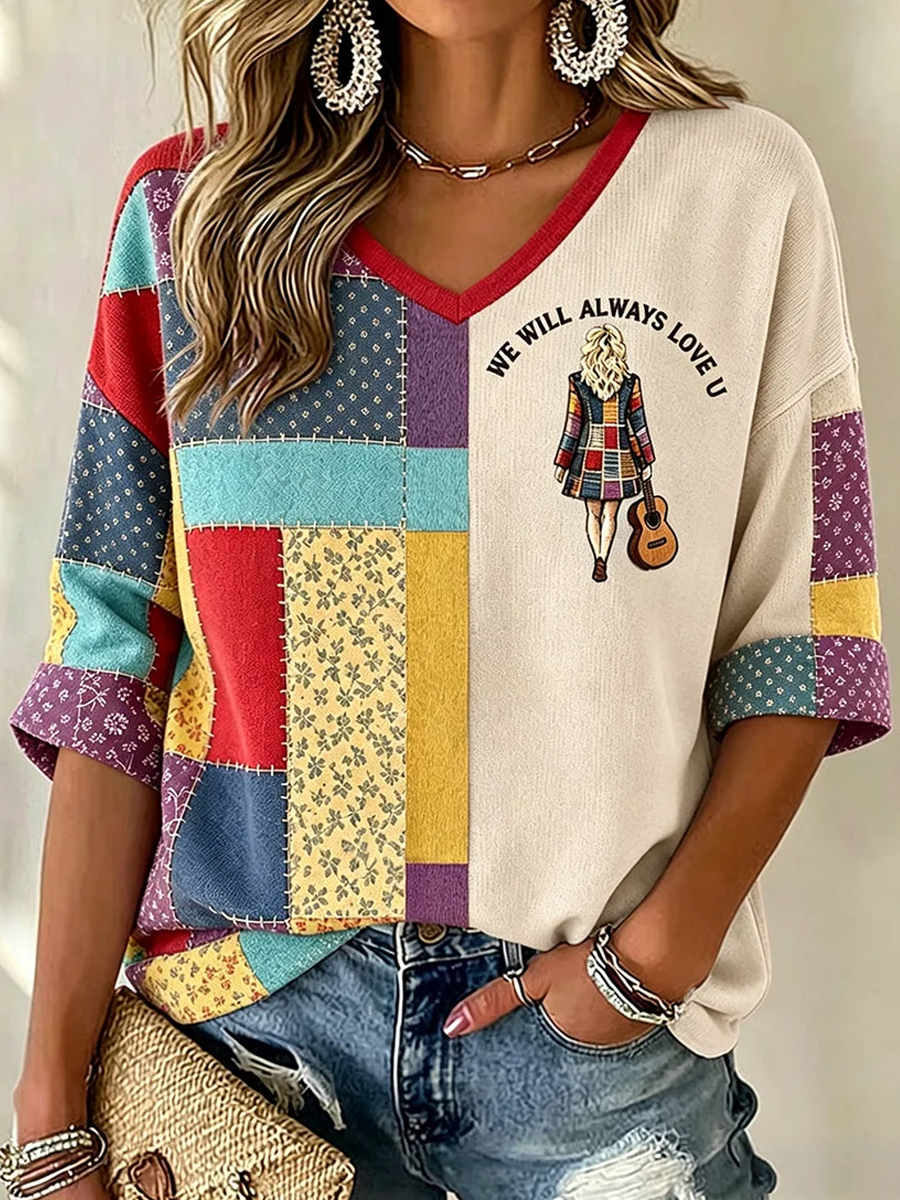 Women's Legendary female country singer V-Neck Three-quarter sleeve T-shirt