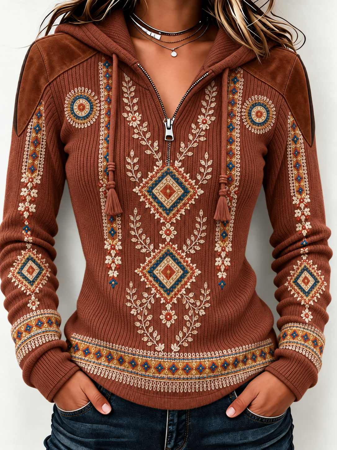 Women'S Retro Western Style Printed Zipper Hoodie