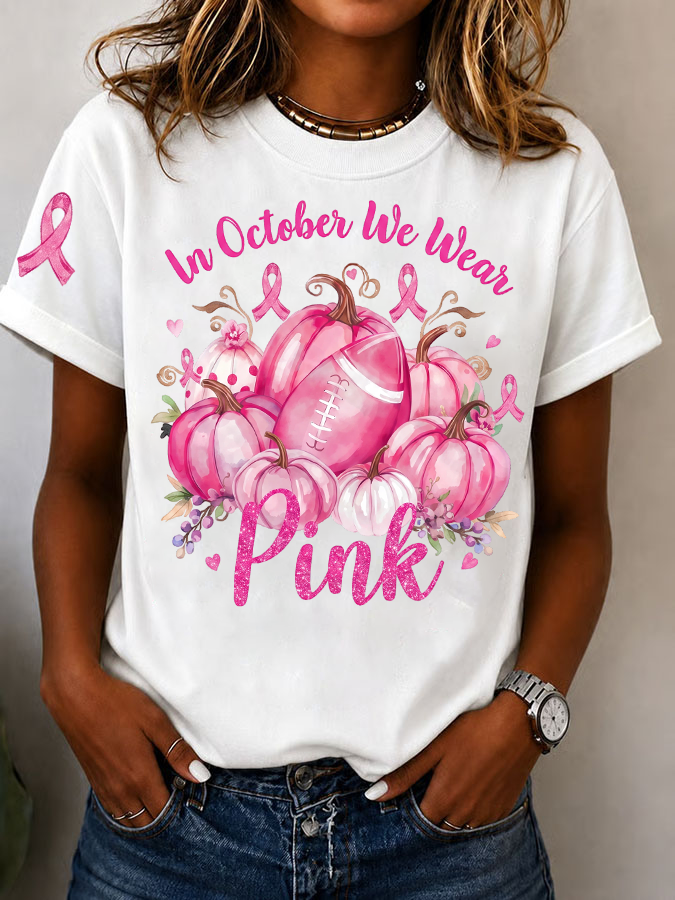 Women's In October We Wear Pink Printed Casual T-Shirt