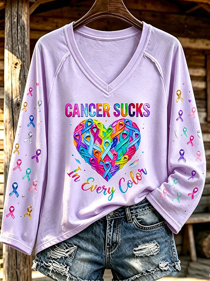 Women'S Cancer Sucks In All Color Printed Long Sleeve T-Shirt