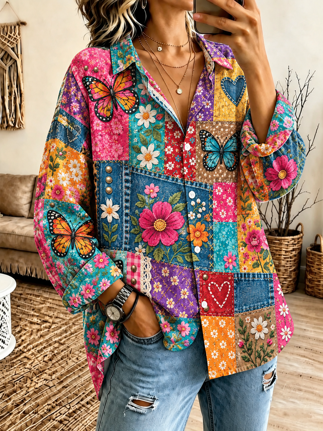 Women'S Casual Shirt With Butterfly And Floral Print