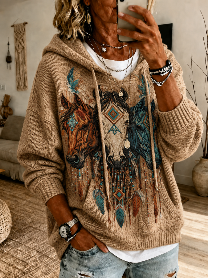 Women'S Vintage Western Style Print Sweatshirt For Autumn