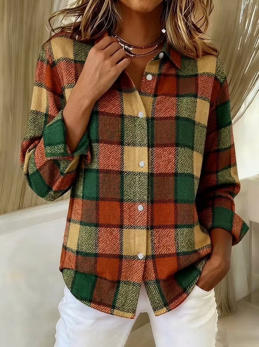 Women'S  Casual  Print Lapel Long Sleeve Shirt