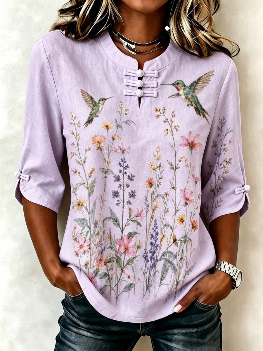 Women's Hummingbird Print Casual Cotton-Linen Shirt