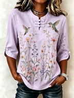 Women's Hummingbird Print Casual Cotton-Linen Shirt