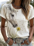 Women's Vintage Horse Art Print Casual T-Shirt