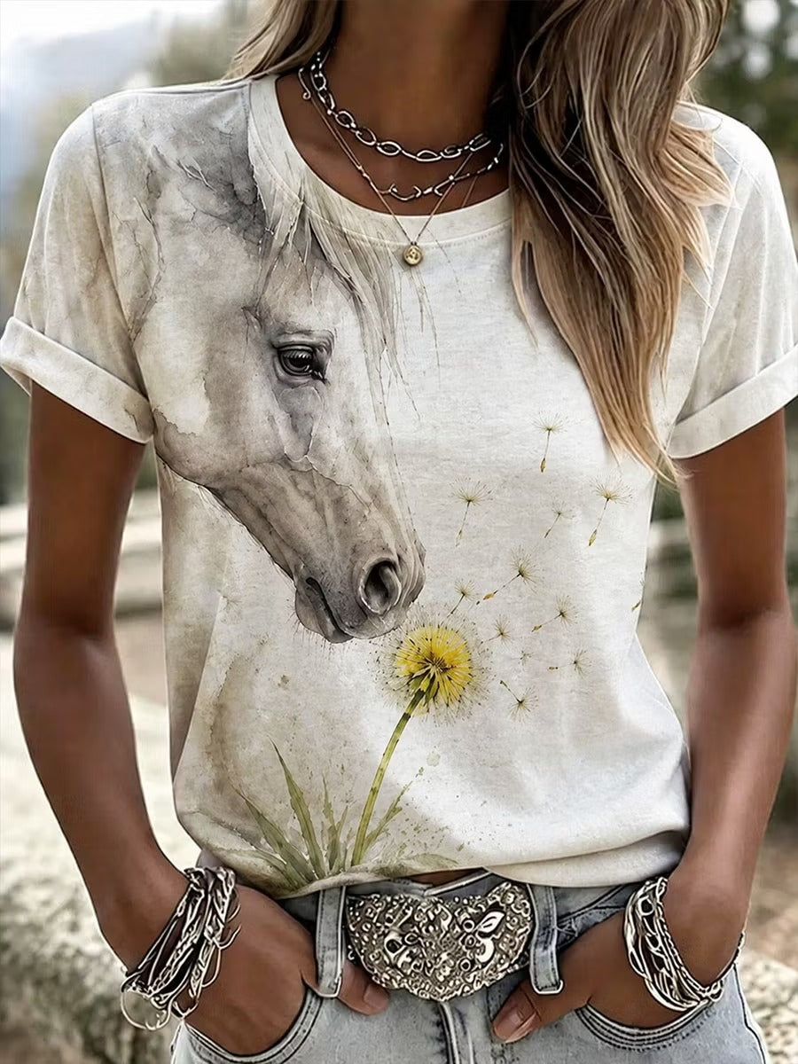 Women's Vintage Horse Art Print Casual T-Shirt