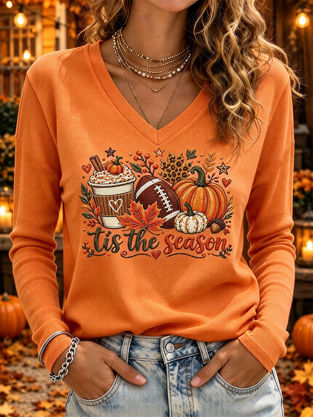 Women'S Casual Long Sleeved V-Neck T-Shirt