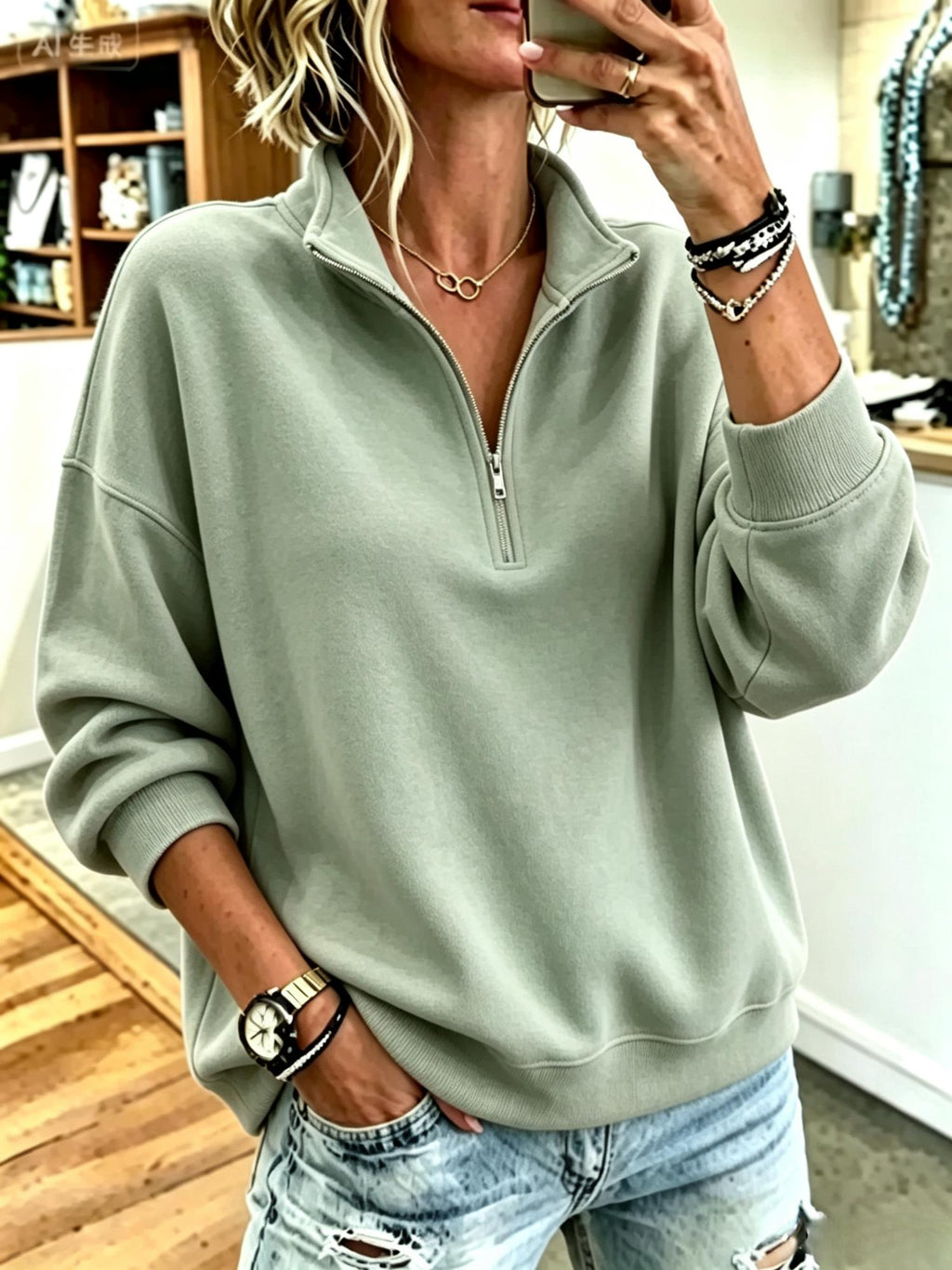 Women's Casual Stand Collar Plain Sweatshirt