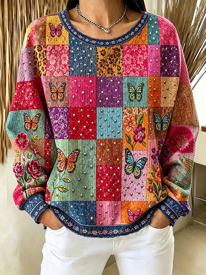 Women'S Casual Printed Waffle Long-Sleeve Top