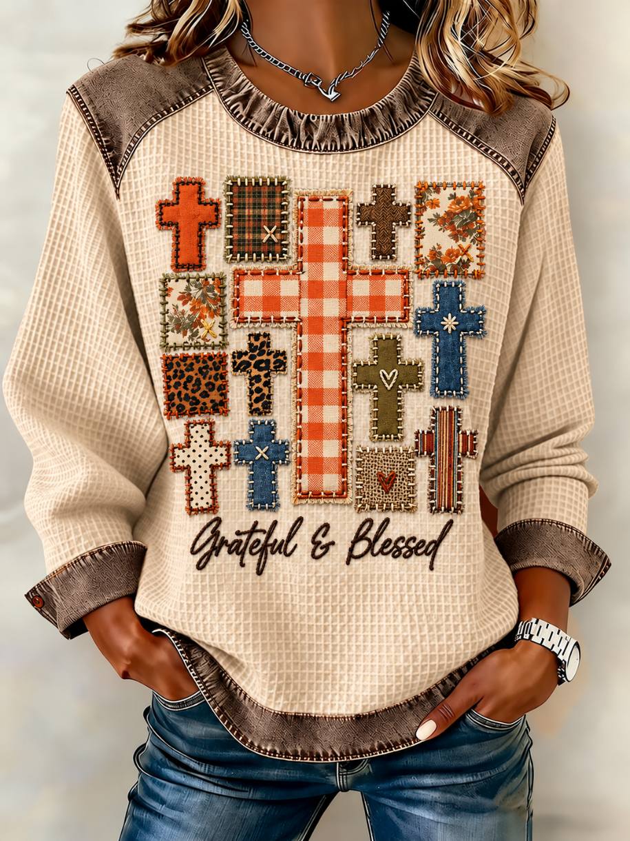 Women's Grateful&Blessed Patchwork Cross Knit Sweatshirt