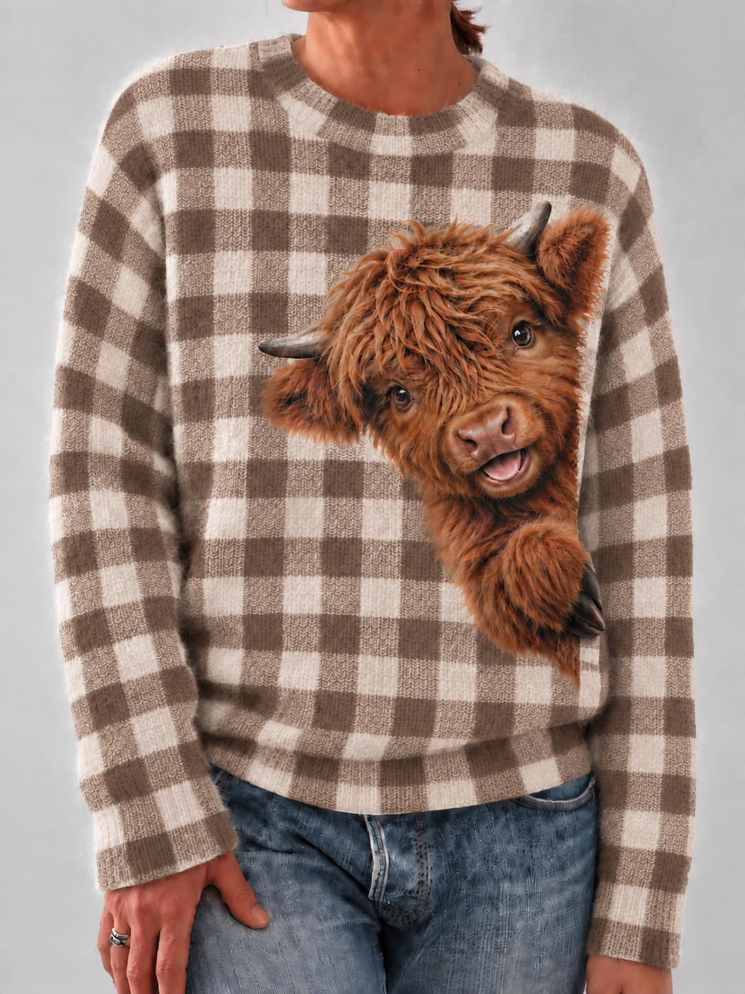 Women'S Highland Cattle Print Long Sleeved Knitted Top