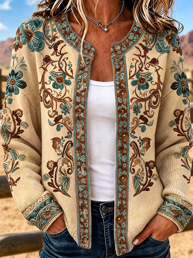Women'S  Boho Floral Paisley Embroidered Western Cardigan