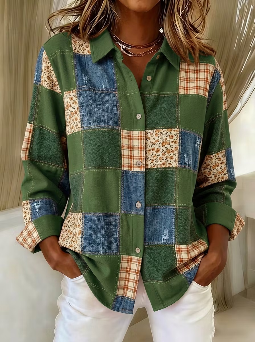Women'S  Casual  Print Lapel Long Sleeve Shirt