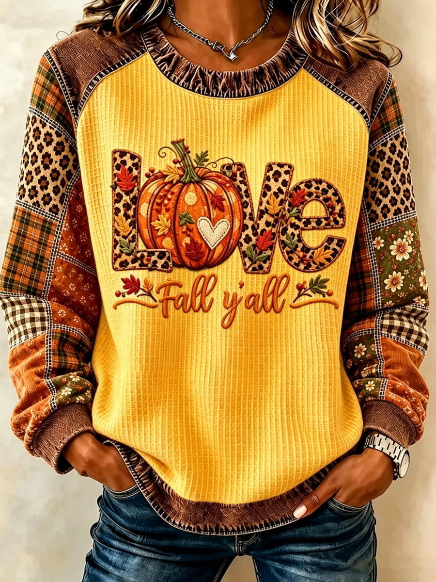 Women's Fall Pumpkin Plaid Raglan Waffle Top