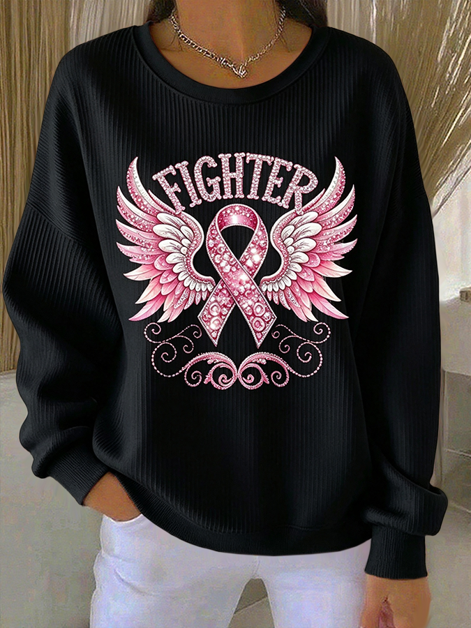 Women'S Rhinestone Breast Cancer Heart Ribbon  Print Casual Texture Sportswear