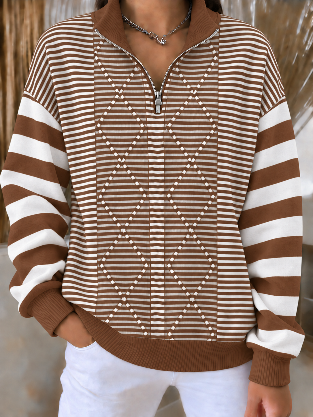 Women'S Casual Striped Zipper Top