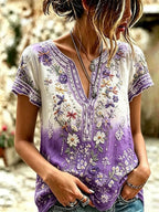 Women's Vintage Floral Textured Art Print Short-Sleeve Top