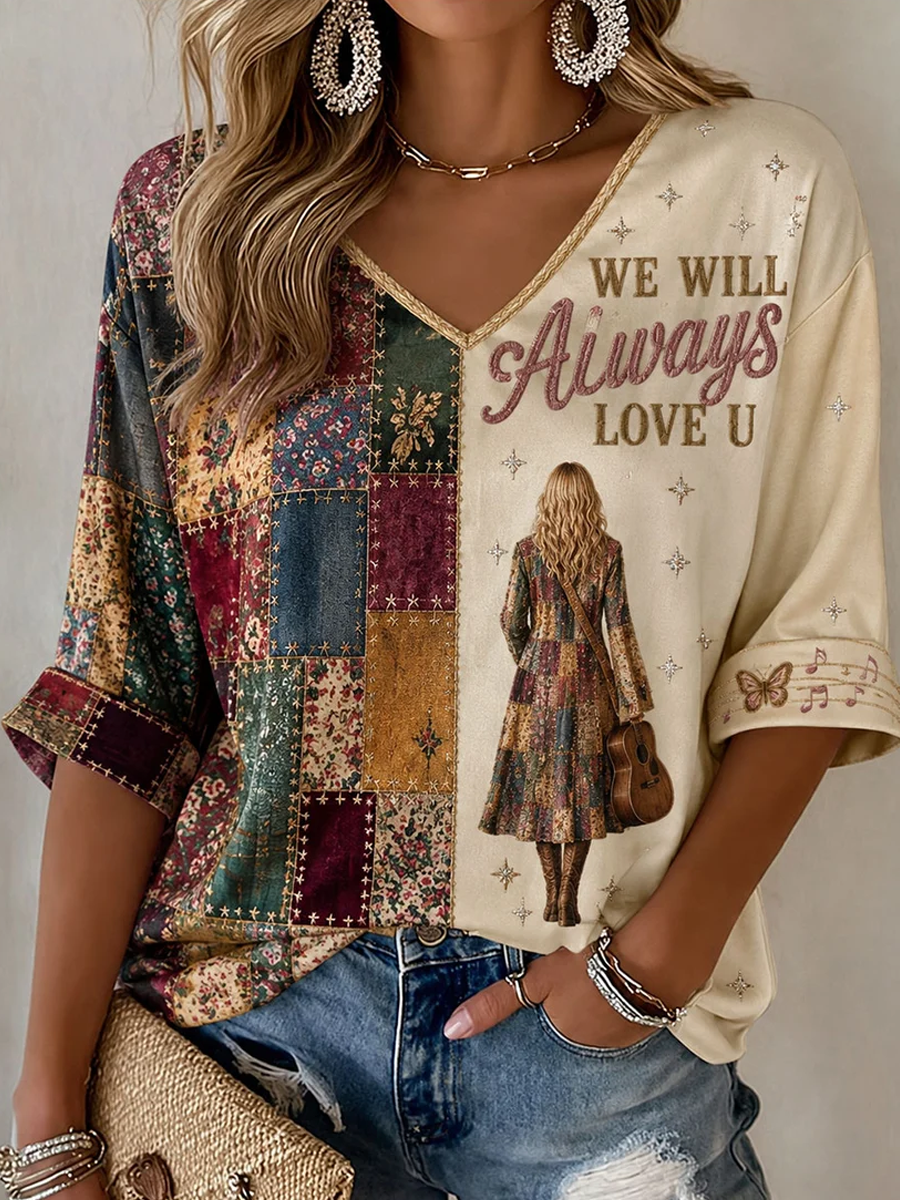 Women'S Country Legend Tribute Mid-Length Sleeves V-Neck T-Shirt