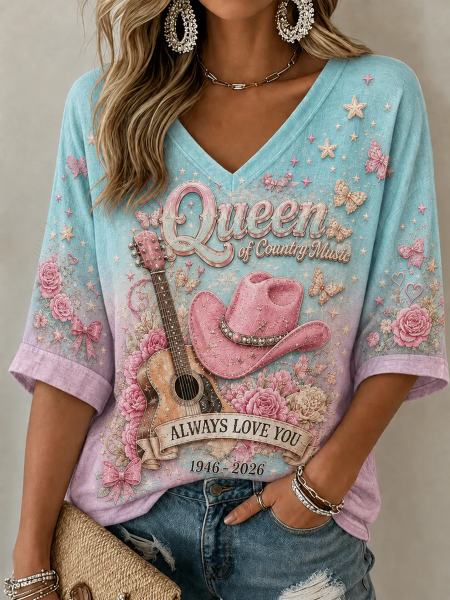 Women'S Country Legend Tribute Mid-Length Sleeves V-Neck T-Shirt