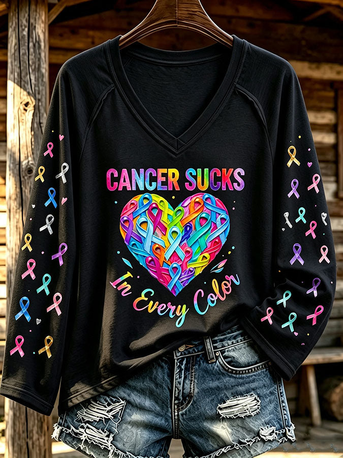 Women'S Cancer Sucks In All Color Printed Long Sleeve T-Shirt