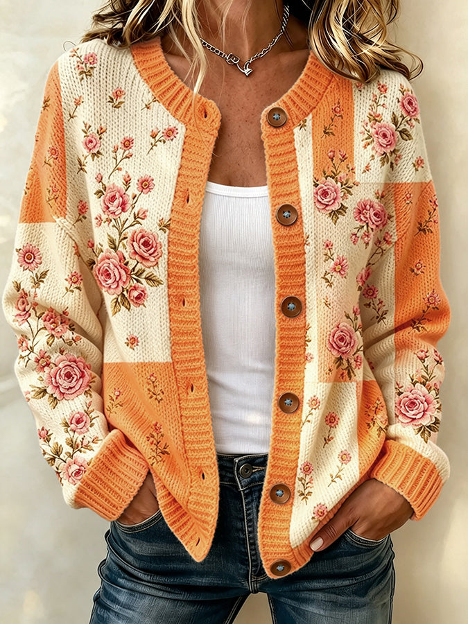 Women's Floral Embroidery Patchwork Knit Cardigan
