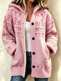 Women'S Pink Art Printed Casual Cardigan