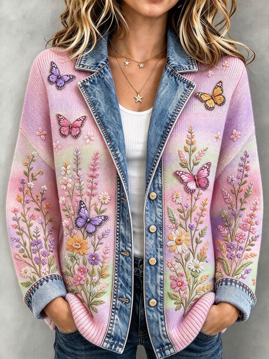 Ladies' Butterfly Flower Pattern Casual Coat