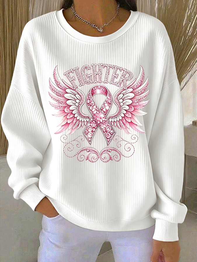 Women'S Rhinestone Breast Cancer Heart Ribbon  Print Casual Texture Sportswear