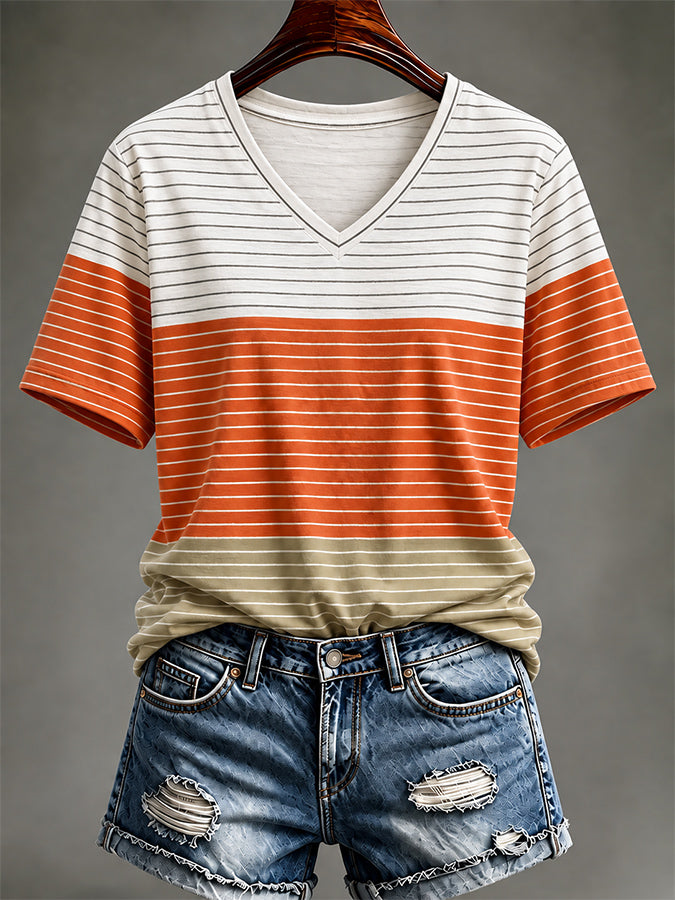Women'S Casual Autumn Striped V-Neck T-Shirt
