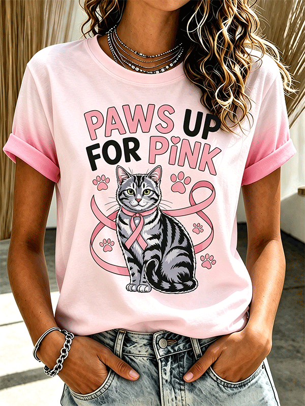 Women's Paws Up For Pink Tabby Cat Pink Ribbon Gradient T-Shirt