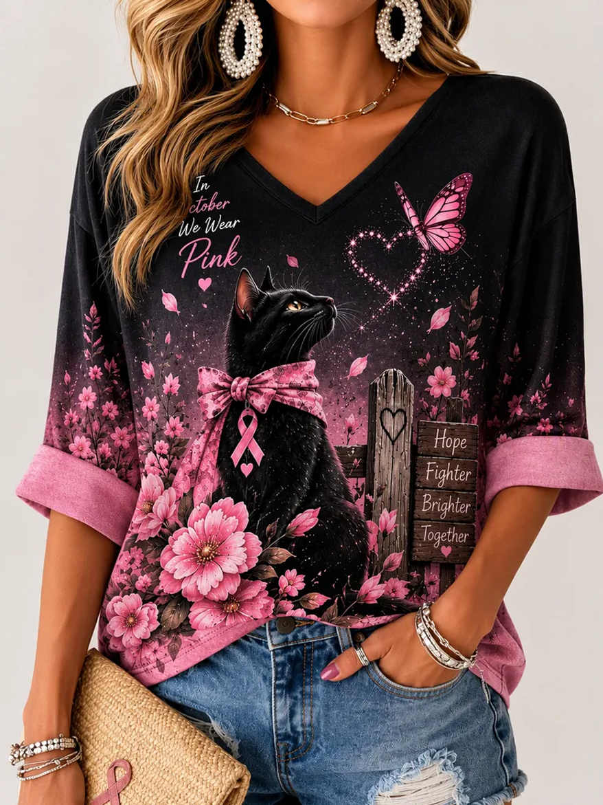 Women's Black Cat & Ribbonr Print Top