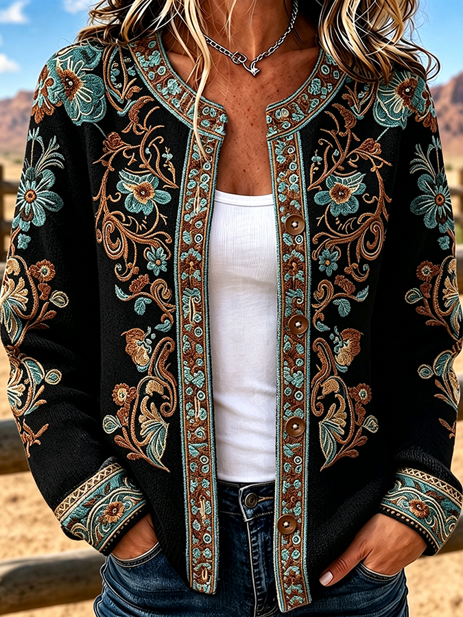 Women'S  Boho Floral Paisley Embroidered Western Cardigan