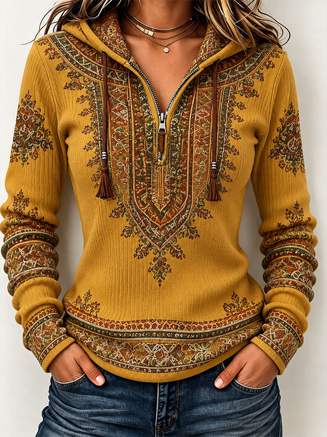 Women'S Contrasting Printed Zipper Hoodie