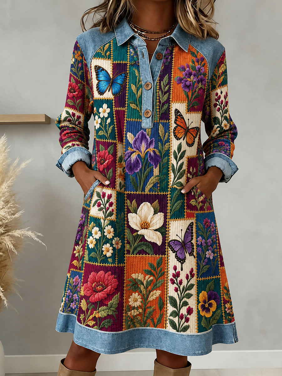 Women's Patchwork Art Button Collar Dress