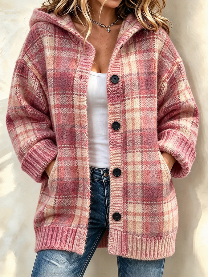Women's Retro Checkered Knitted Cardigan